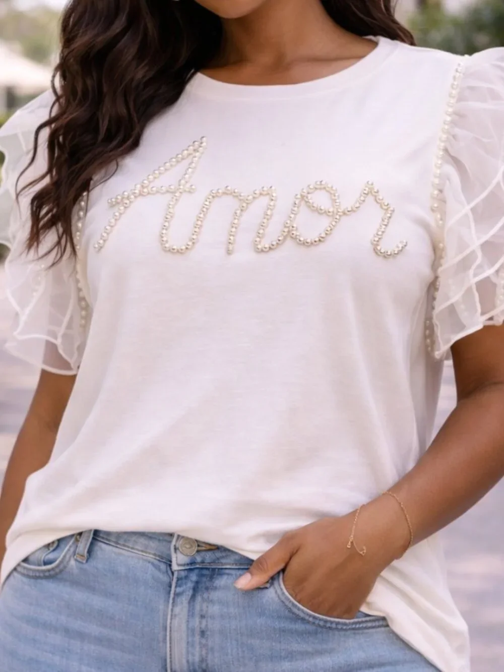 Anthro White Pearl Amor (LOVE) Top Womens XL Sheer Puff Sleeve Romantic Blouse